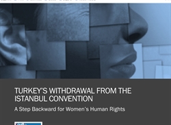 [ai] An abstract image featuring fragmented facial profiles in shades of blue, with text overlay stating 'Turkey's Withdrawal from the Istanbul Convention: A Step Backward for Women's Human Rights.'